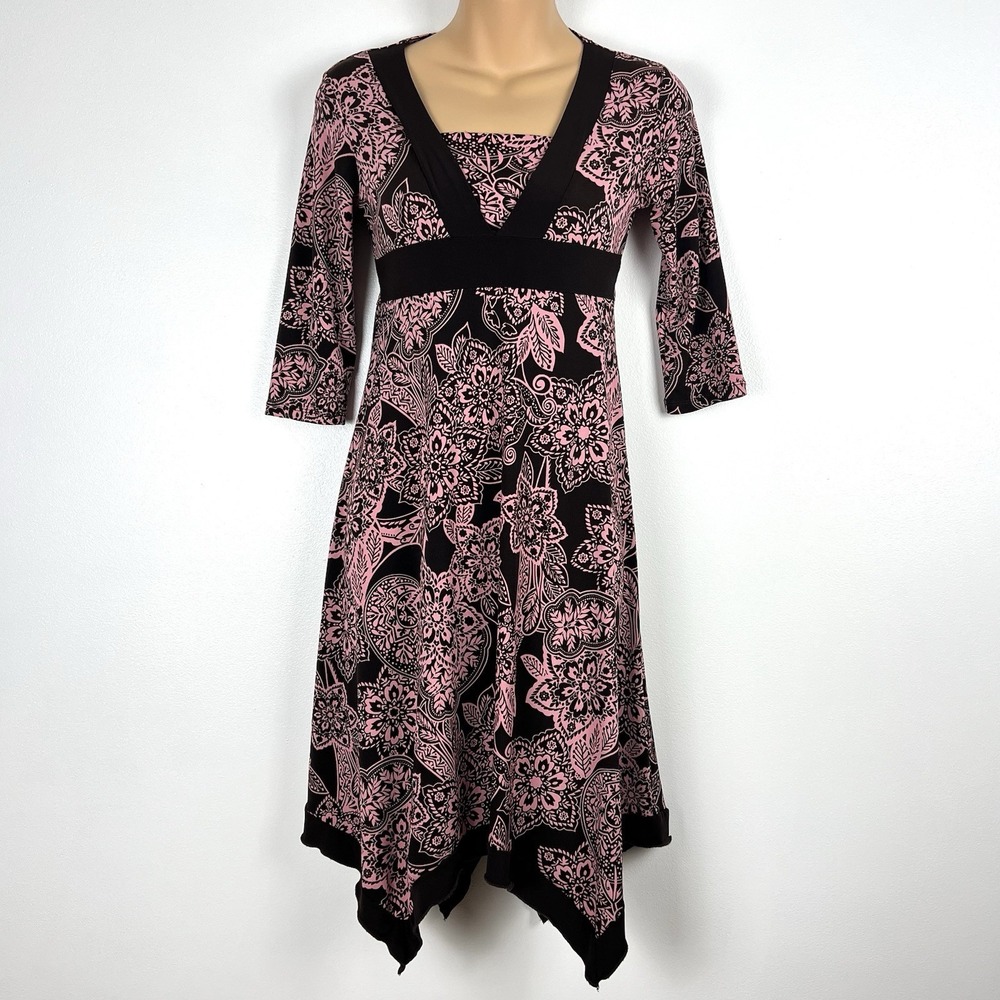 Speechless Pink Brown Floral Paisley Handkerchief Hem Empire‎ Waist Midi Dress